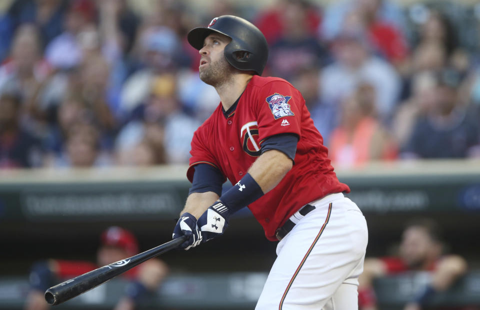 Minnesota Twins’ Brian Dozier bats against the Tampa Bay Rays in the first inning of a baseball game Friday, July 13, 2018, in Minneapolis. (AP)