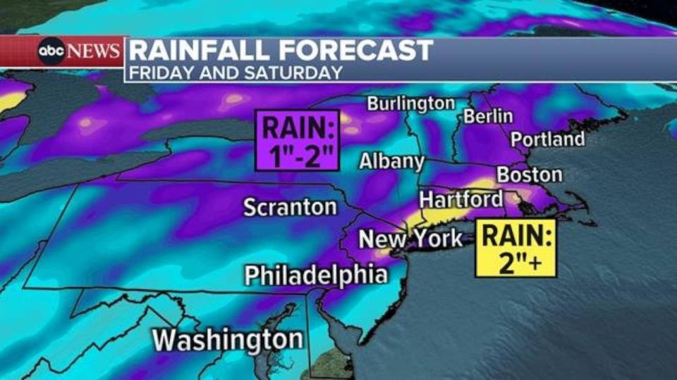 PHOTO: Friday evening, this storm will move into the Northeast with more heavy rain, generally 1-2 inches of rain is forecast, but locally over 2 inches is possible. (ABC News)