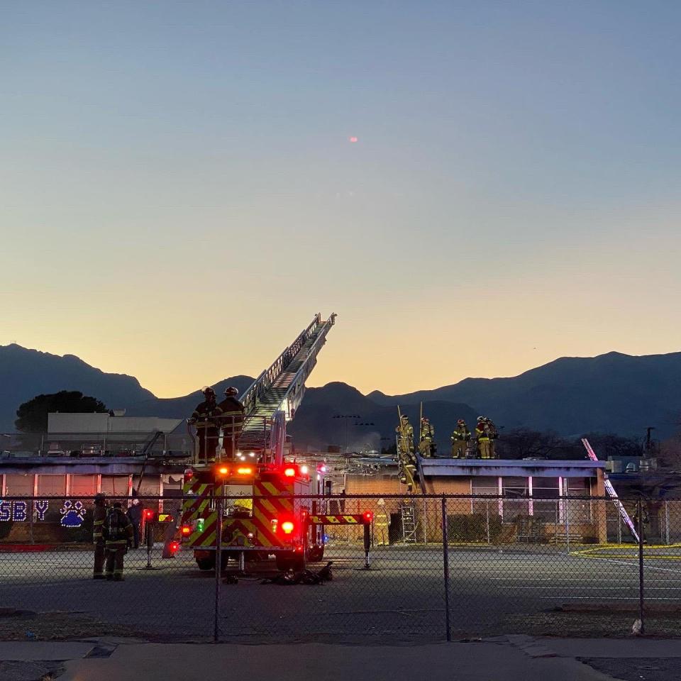 El Paso firefighters battle a fire at the vacant Crosby Elementary School on Sunday evening in Northeast El Paso.