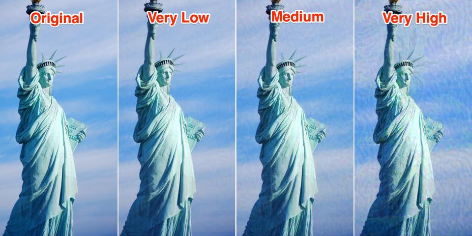 This creative commons image of the Statue of Liberty (left-most) was re-rendered with Glaze using "very low" (second from left), "medium" (second from right), and "very high" (right-most) intensity settings.