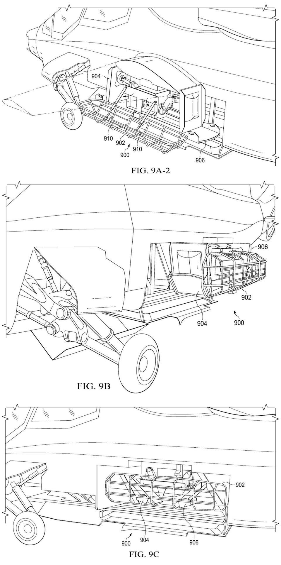 A series of graphics showing how the modular passenger system, in this case fitted with a basket for transporting casualties on litters, might be retracted into the 360 Invictus' main weapons bay. Note the additional jump seats that are retained at the front and back of the system in this configuration. <em>USPTO</em>