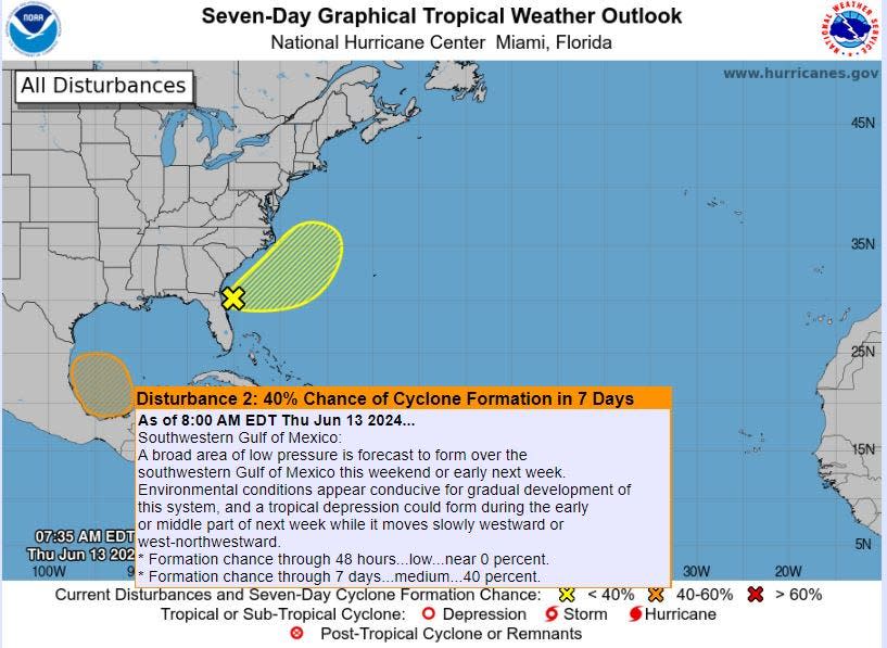 The National Hurricane Center is watching two areas for development. The first, dubbed 90-L has low chances of forming off the southeast cost of the U.S. The second was given a 40% chance of developing over the next seven days.