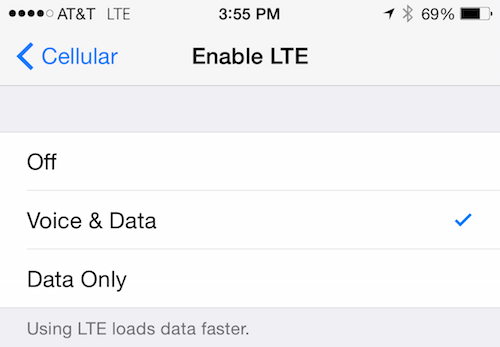 VoLTE settings on an iPhone 6 Plus