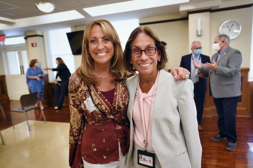 Debbie White (L), HPAE State Officer President and Deb Visconi (R), Bergen New Bridge Medical Center President have a photo taken together prior to the ceremonial signing event at Bergen New Bridge in Paramus, Wednesday on 07/27/22.