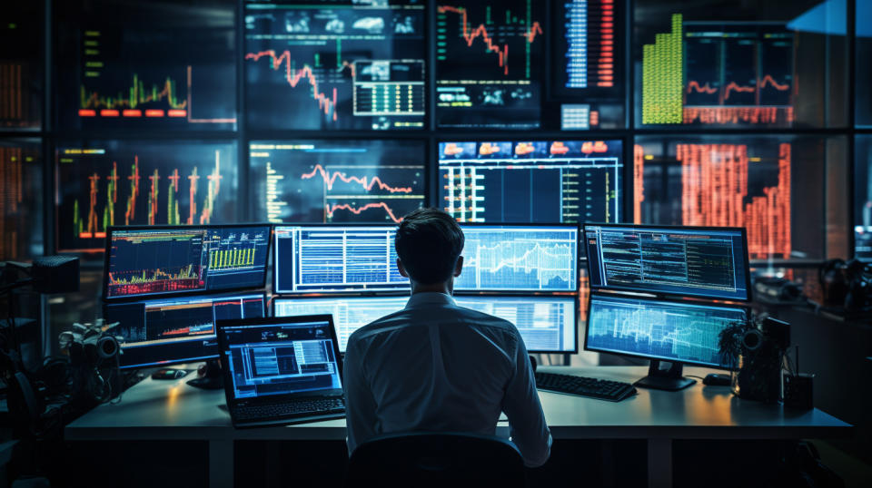 A trader in a busy trading room, surrounded by real-time market data and automated execution services.