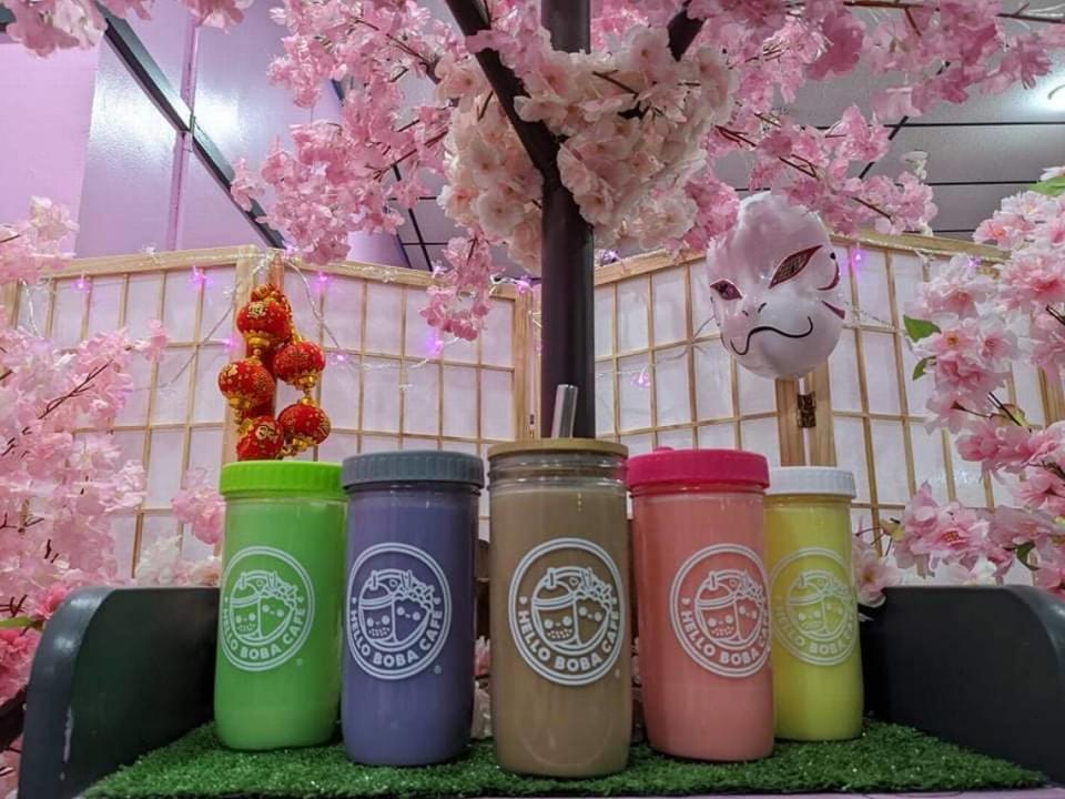 Hello Boba Cafe offers a variety of drinks like these, from left to right, melon milk tea, taro milk tea, classic milk tea, strawberry milk tea, and lemon tart milk tea.