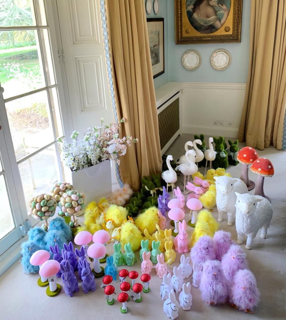 Lambs, fluffy chicks, mushrooms, flamingos and eggs of all shapes and sizes adorn my dining room…we are Easter Ready!