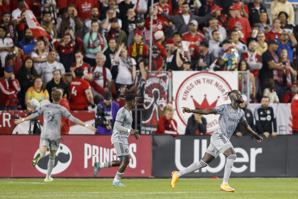 Montreal forward Kei Kamara (23) celebrates his goal during first half MLS soccer action against Toronto FC in Toronto on Sunday, Sept. 4, 2022. (Cole Burston/The Canadian Press via AP)