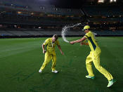 Mitchell Starc drenches David Warner.