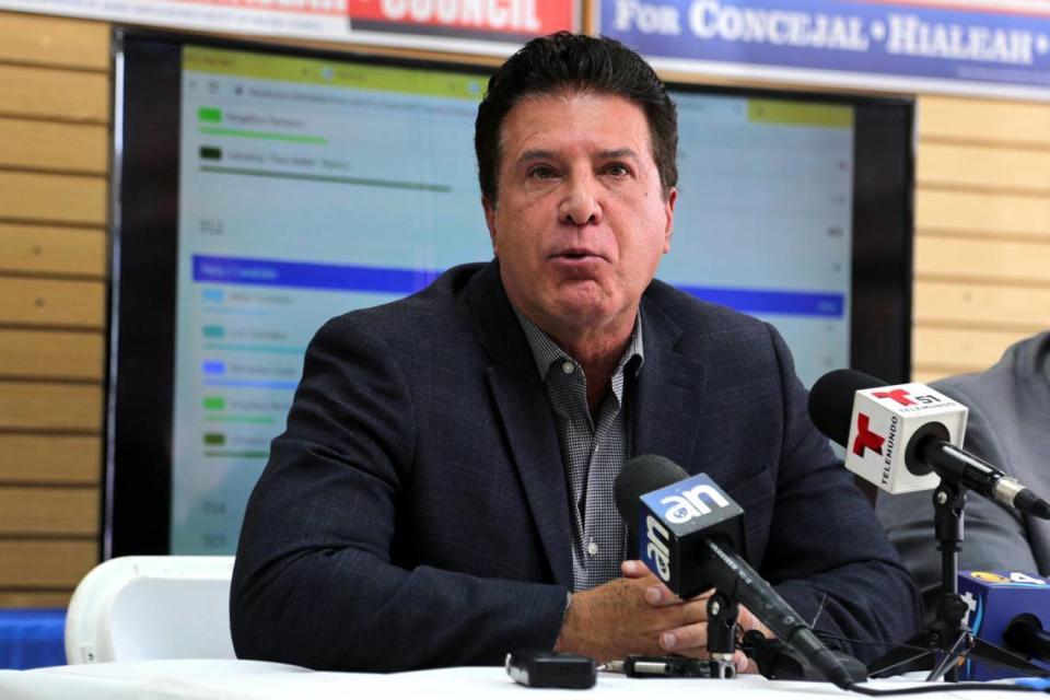 Mayor of Hialeah Carlos Hernandez speaks during a press conference about possible anomalies in the computer system of the Miami Dade County Election Department, in Hialeah, Florida, on Thursday, November 7, 2019.