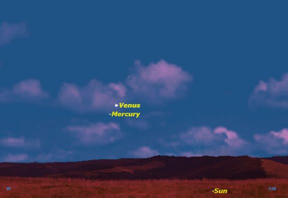 On the evening of Thursday June 20, Mercury reaches its maximum elongation east of the sun, placing it directly below brilliant Venus in the evening twilight sky.