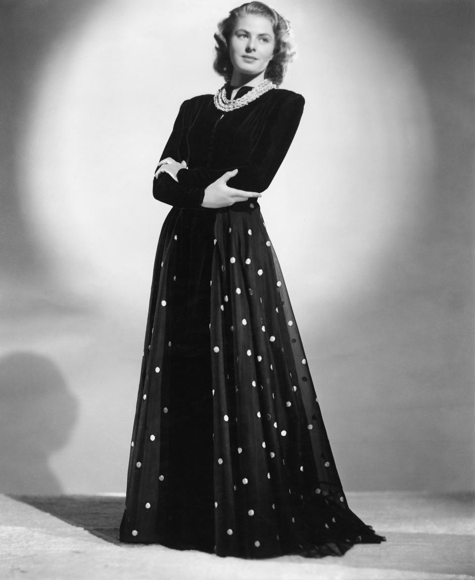 A portrait of Bergman in a black gown with polka dots.&nbsp;