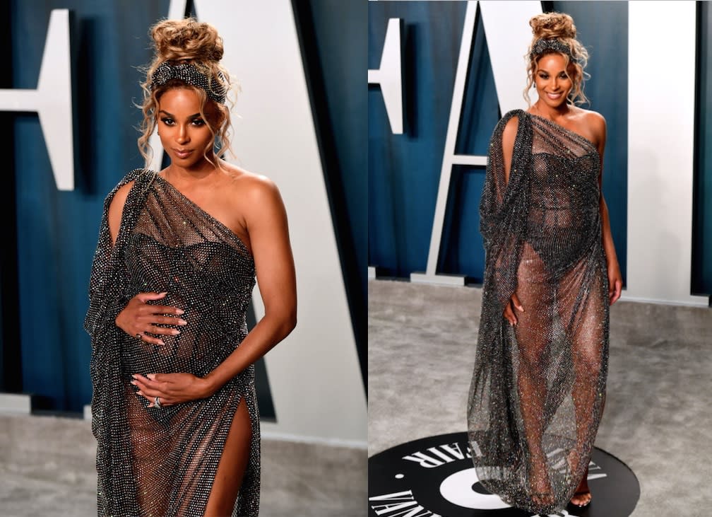 Ciara showed off her pregnancy style prowess at last night's Vanity Fair party after the Oscars (Getty)