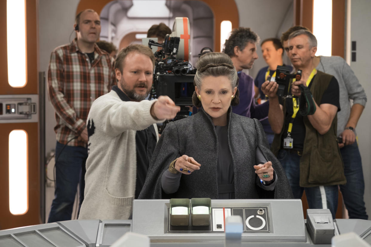 <em>The Last Jedi</em> director Rian Johnson with Carrie Fisher on the set (Photo: Lucasfilm)