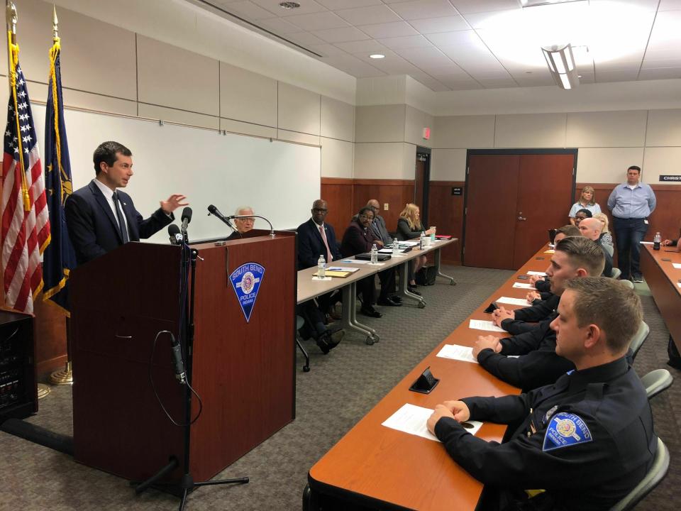 Democratic Presidential candidate and South Bend, Indiana Mayor Pete Buttigieg addresses newly sworn police officers during a ceremony Wednesday, June 19, 2019, at the South Bend Police Department. Buttigieg is telling officers after a fatal police shooting that they must activate their body cameras during any interaction with civilians. (AP Photo/Sara Burnett)