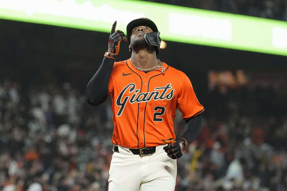 San Francisco Giants' Jorge Soler gestures after hitting a home run against the Arizona Diamondbacks during the fourth inning of a baseball game in San Francisco, Friday, April 19, 2024. (AP Photo/Jeff Chiu)