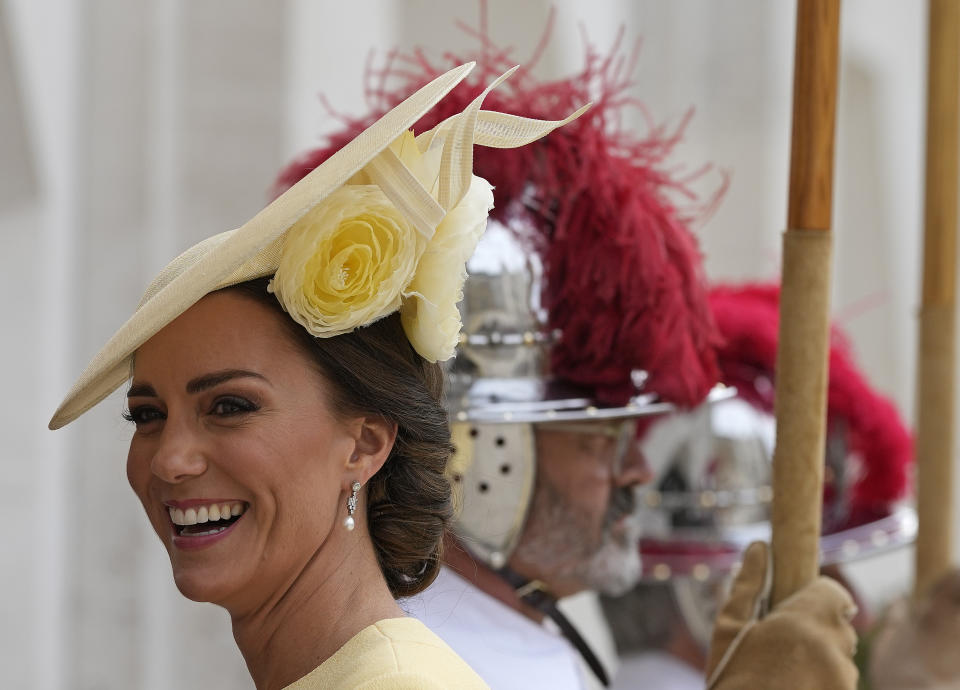 Kate, Duchess of Cambridge arrives at the Guildhall for a reception after the service of thanksgiving for the reign of Queen Elizabeth II at St Paul's Cathedral in London, Friday, June 3, 2022 on the second of four days of celebrations to mark the Platinum Jubilee. The events over a long holiday weekend in the U.K. are meant to celebrate the monarch's 70 years of service. (AP Photo/Alastair Grant)