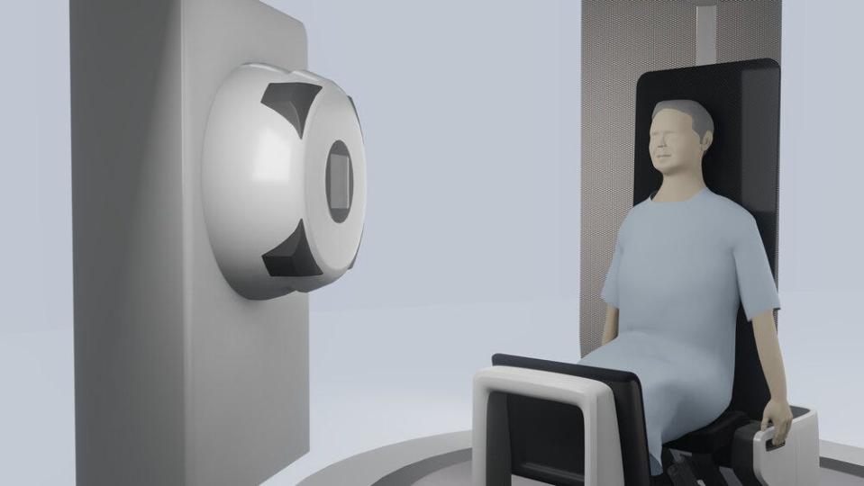 A rendering of the Leo Cancer Care's new radiation therapy device, which allows doctors to treat patients while they're sitting upright.