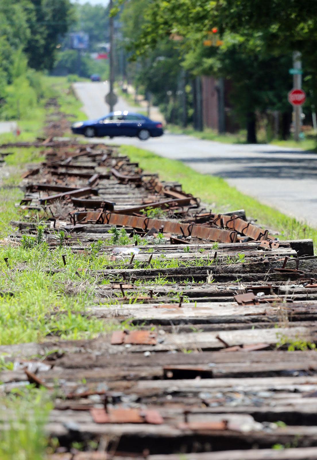 Railroad ties lay disassembled along Morgan Street in Shelby in this Star file photo. The ties were removed for the future rail trail.