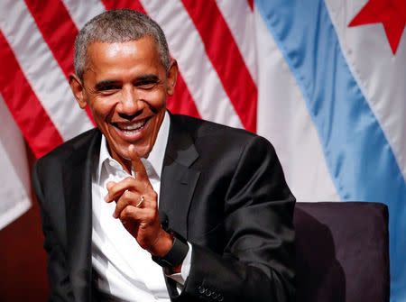 Former U.S. President Barack Obama speaks during a meeting with youth leaders at the Logan Center for the Arts at the University of Chicago to discuss strategies for community organization and civic engagement in Chicago, Illinois, U.S., April 24, 2017. REUTERS/Kamil Krzaczynski