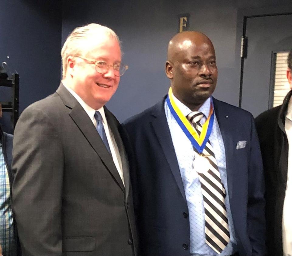 State Sen. Bill Weber, R-Montebello, left, stands with Jean Donald Mathieu after presenting the Spring Valley resident with the New York State Senate's Liberty Award on Sunday, Feb. 18, 2024, at Finkelstein Memorial Library in Spring Valley.