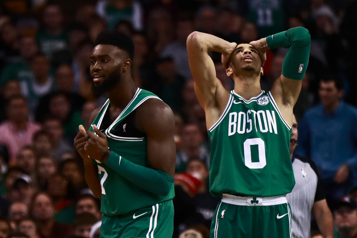 Things didn’t go they way Jayson Tatum, left, and Jaylen Brown had planned on Monday. (Getty Images)