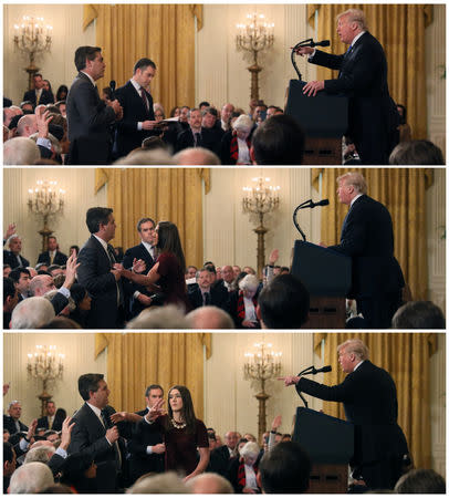 A White House staff member reaches for the microphone held by CNN's Jim Acosta as he questions U.S. President Donald Trump during a news conference following Tuesday's midterm U.S. congressional elections, in a combination of photos at the White House in Washington, U.S., November 7, 2018. REUTERS/Jonathan Ernst