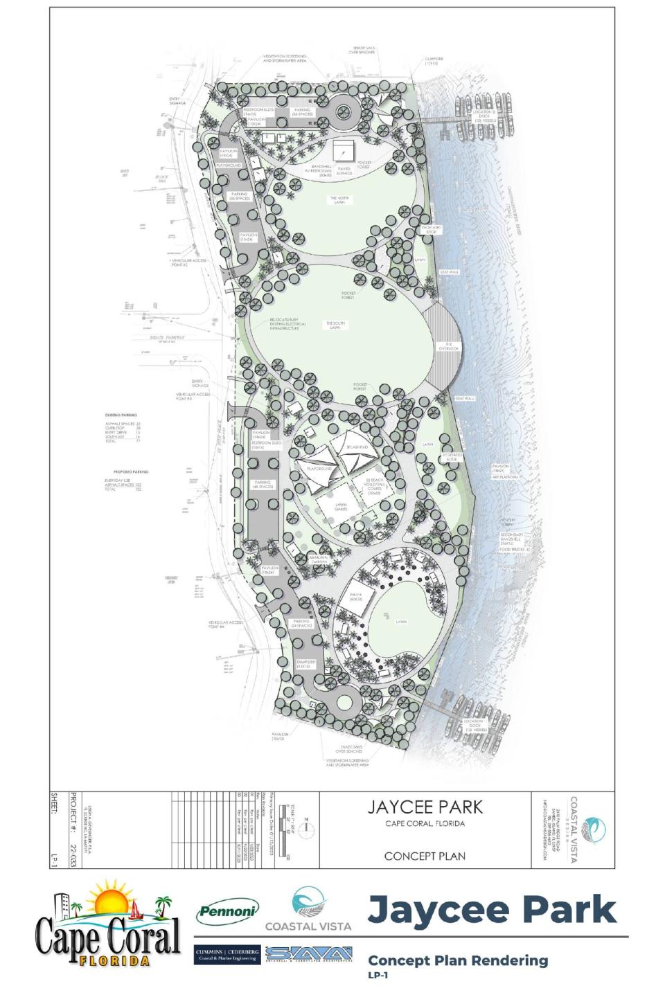 Jaycee Park has hit its 30% design benchmark, which includes a revised parking lot concept with 128 spaces, ADA boardwalk accessibility, more shade trees, and shaded seating options. To be presented to the public in March.