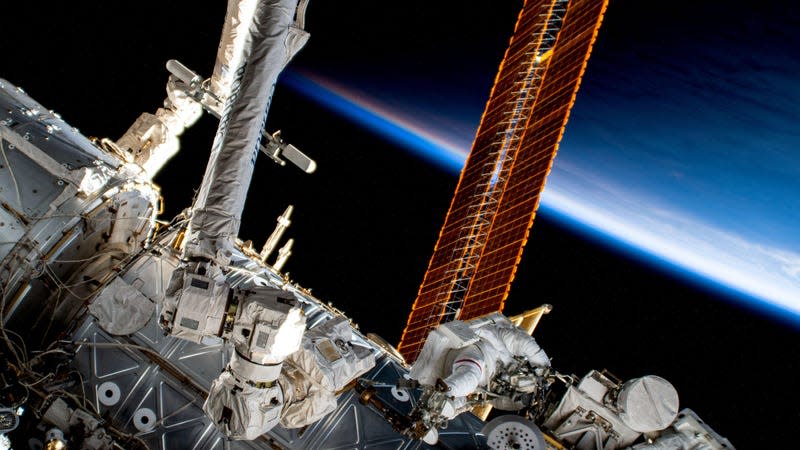 NASA astronaut and Expedition 69 Flight Engineer Steve Bowen is pictured outside the International Space Station during his eighth career spacewalk, during which he routed cables and installed insulation to ready the orbital outpost for its next set of roll-out solar arrays.