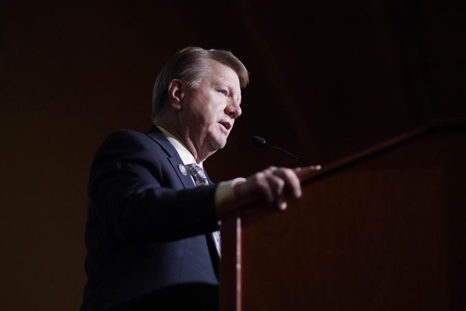 Jim Marchant speaks at a Republican Election Night watch party in Las Vegas on Nov. 3, 2020. (John Locher / AP file)