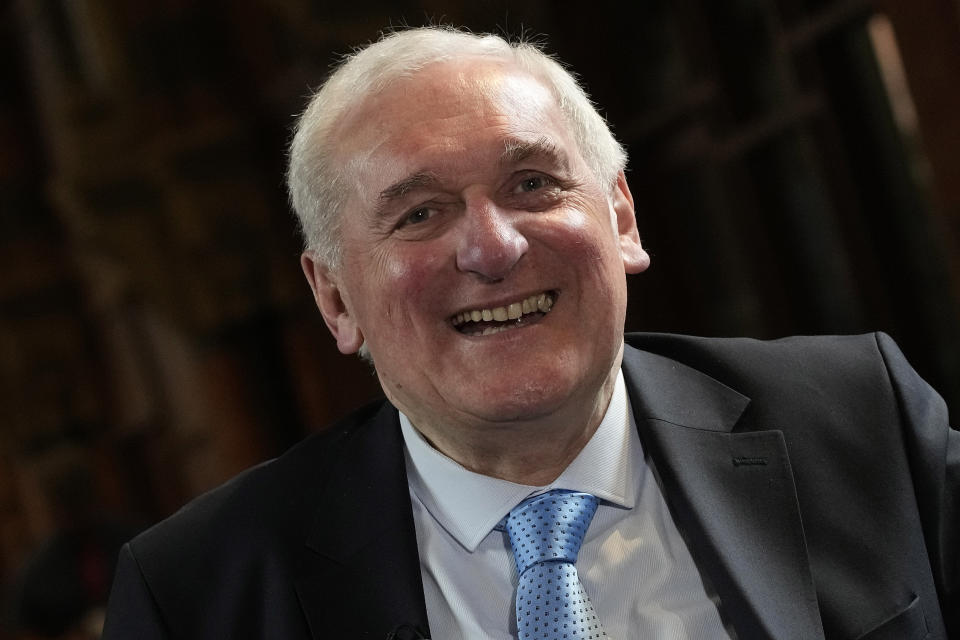 Bertie Ahern, second-longest serving Taoiseach, speaks during an interview on the first day of a three-day international conference at Queen's University Belfast to mark the 25th anniversary of the Good Friday Agreement, in Belfast, Northern Ireland, Monday, April 17, 2023. Former U.S. President Bill Clinton and past leaders of the U.K. and Ireland are gathering in Belfast on Monday, 25 years after their charm, clout and determination helped Northern Ireland strike a historic peace accord. (AP Photo/Christophe Ena)