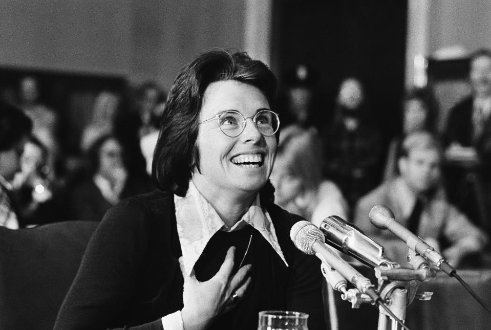 FILE - Tennis Star Billie Jean King speaks before the Senate education subcommittee Friday, Nov 9,1973 in Washington. For all of that progress, there remains an aspect of tennis in which gender equity is nowhere near being achieved: coaching. King and others in the sport consider that a reflection of the same sort of entrenched bias that has prevented women from advancing in all manner of other fields — and the WTA is making efforts to change that through an initiative that pairs aspiring coaches with established ones. (AP Photo/File)