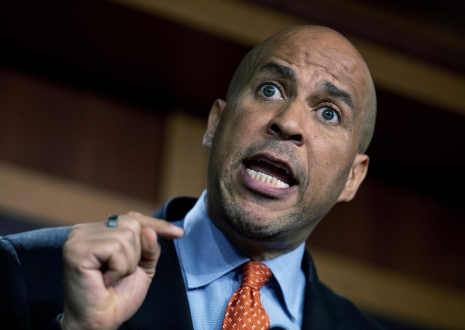 Sen. Cory Booker, D-N.J., speaks to reporters after announcing a draft bill that would decriminalize marijuana on a federal level, Wednesday, July 14, 2021, on Capitol Hill in Washington. (AP Photo/Amanda Andrade-Rhoades)