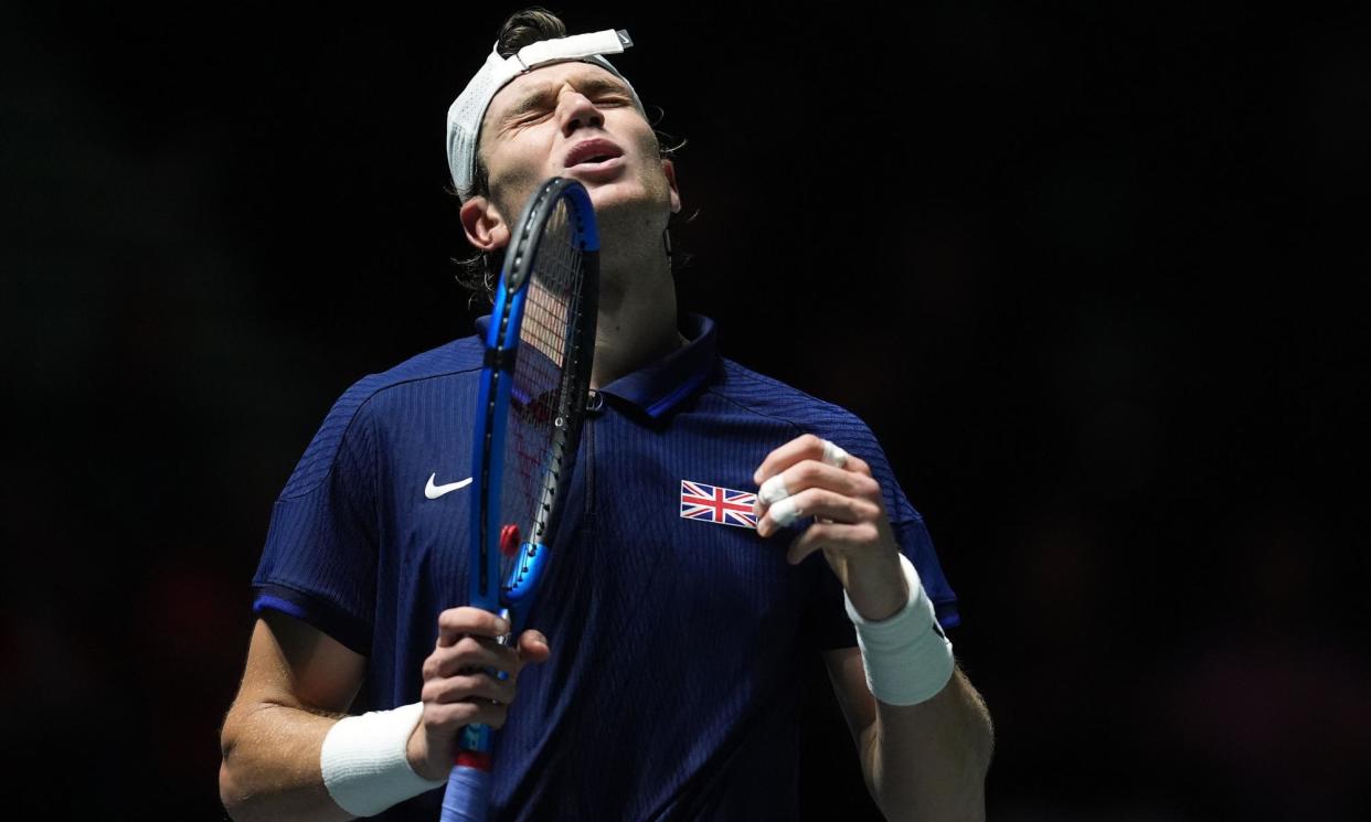 <span>Jack Draper shows his frustration during his Davis Cup defeat against Francisco Cerúndolo.</span><span>Photograph: Martin Rickett/PA</span>