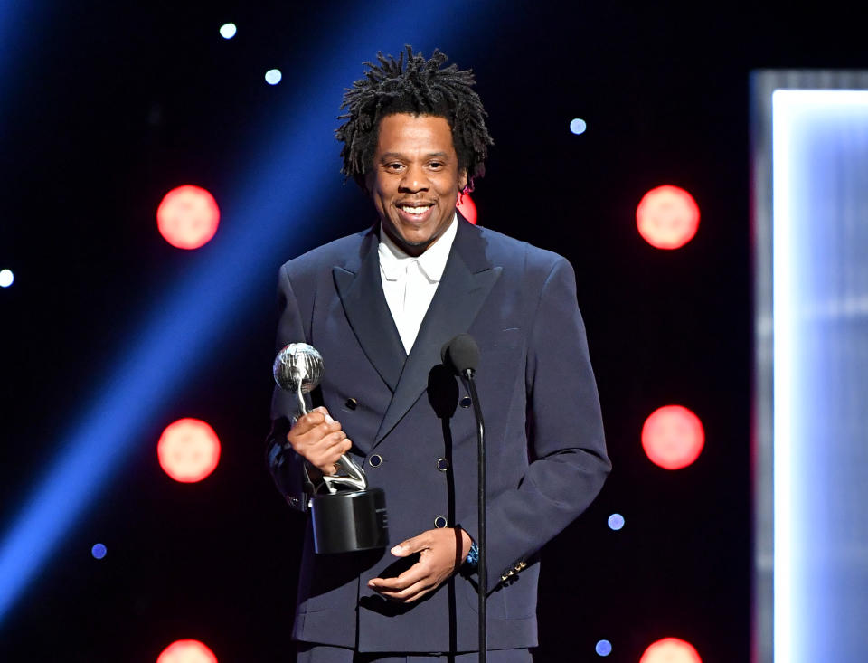 HOLLYWOOD, CALIFORNIA - MARCH 30: Jay-Z accepts the Presidents Award onstage at the 50th NAACP Image Awards at Dolby Theatre on March 30, 2019 in Hollywood, California. (Photo by Earl Gibson III/Getty Images for NAACP)