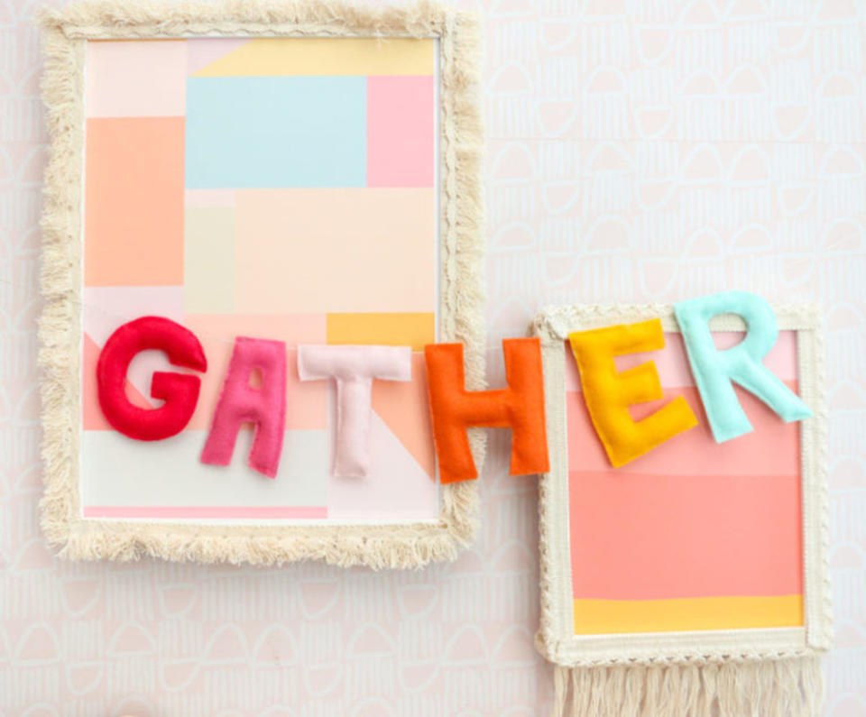 <p>Crafts Unleashed</p><p>Kids love being involved, so let them cut out some colorful felt letters to spell out a word like “gather” or “thankful.” Check out <a href="http://blog.consumercrafts.com/seasonal/fall/thanksgiving-decorations-seasonal/gather-easy-diy-garland/" rel="nofollow noopener" target="_blank" data-ylk="slk:Crafts Unleashed;elm:context_link;itc:0;sec:content-canvas" class="link "><em>Crafts Unleashed</em></a> to see this project’s step-by-step instructions.</p><p><strong>Related: </strong><strong>50 <a href="https://www.yahoo.com/lifestyle/50-fun-thanksgiving-games-kids-100044918.html" data-ylk="slk:Family Thanksgiving Games;elm:context_link;itc:0;sec:content-canvas;outcm:mb_qualified_link;_E:mb_qualified_link;ct:story;" class="link  yahoo-link">Family Thanksgiving Games</a></strong></p>