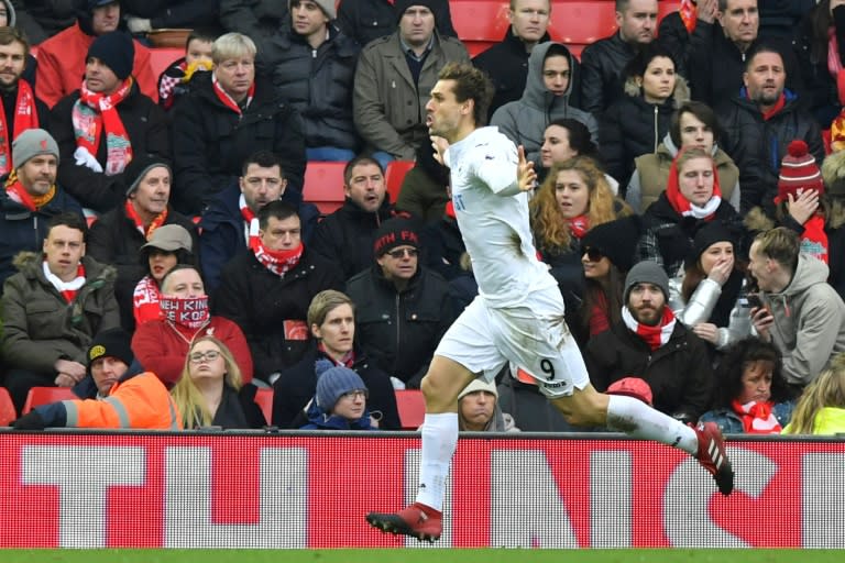 Swansea City striker Fernando Llorente celebrates scoring a goal during the English Premier League match against Liverpool at Anfield in Liverpool, north-west England on January 21, 2017