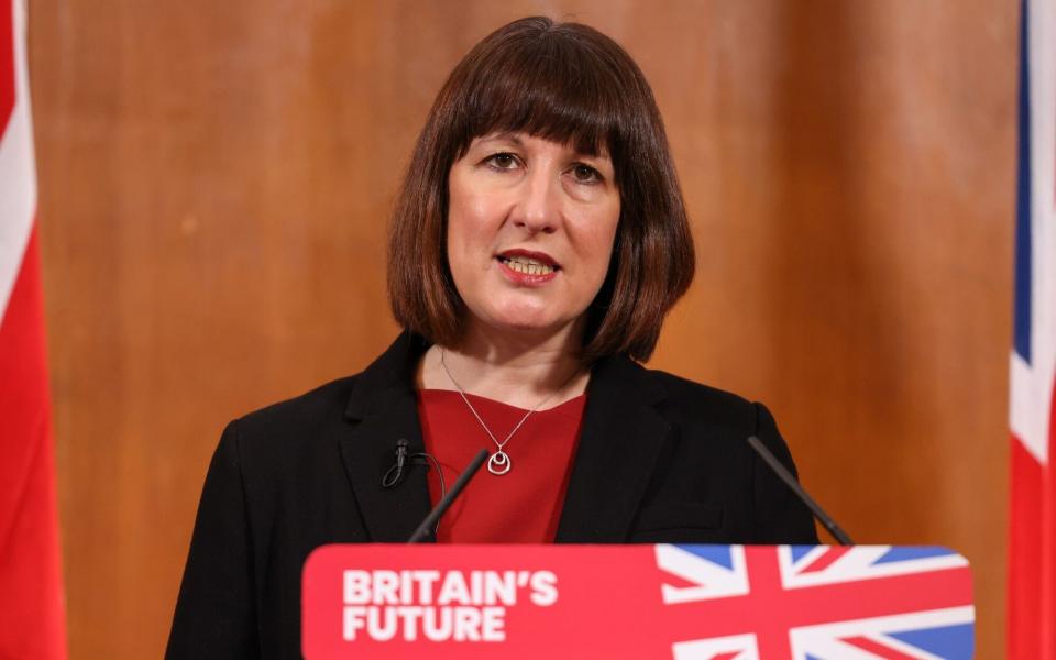 Rachel Reeves, the shadow chancellor, is pictured holding a press conference in central London this morning