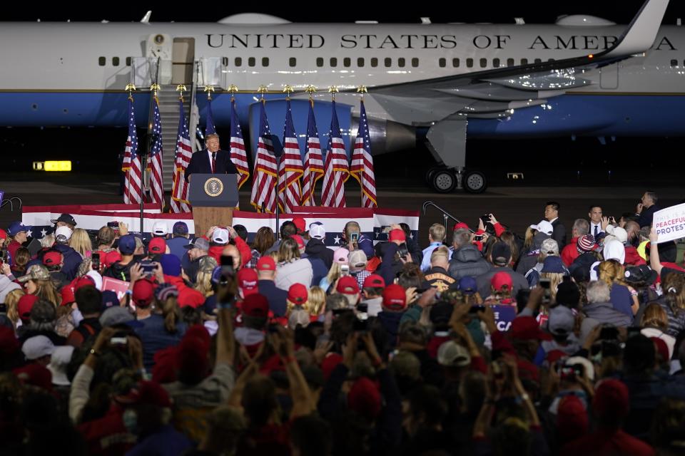 President Donald Trump speaks at a campaign rally at the Central Wisconsin Airport Thursday, Sept. 17, 2020, in Mosinee, Wis. (AP Photo/Morry Gash)