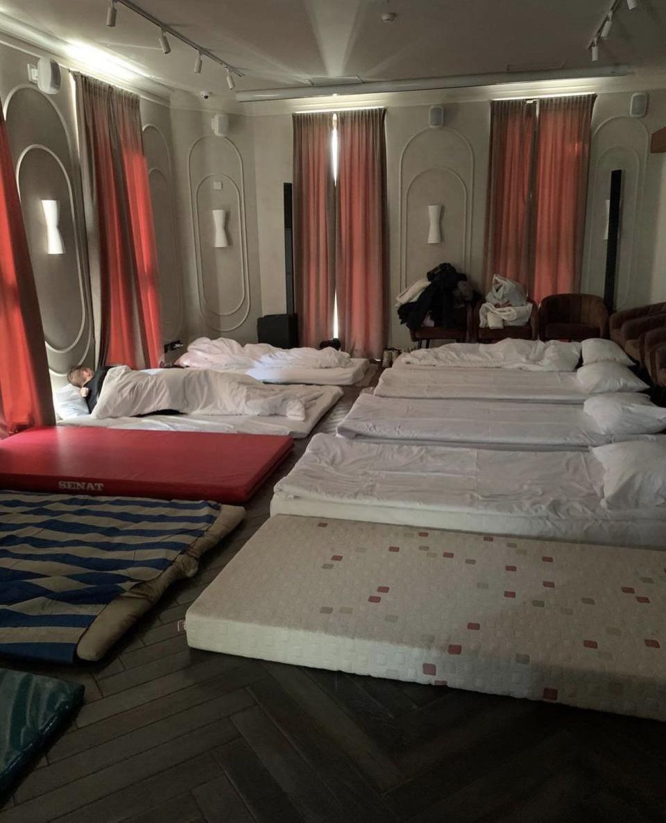 Mattresses and cots line the floor of a hotel in the city of Khmelnytskyi, Ukraine, in February 2022. Staff at the hotel where Viktoriia Tarasiuk worked turned the hotel into a makeshift refugee center in the weeks after Russia invaded Ukraine on Feb. 24, 2022 | Viktoriia Tarasiuk