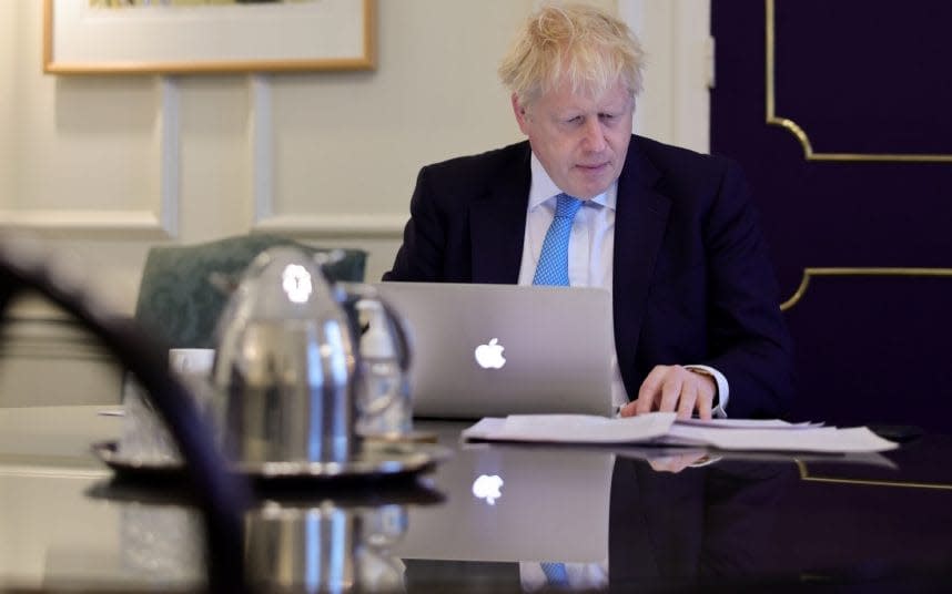 Boris Johnson working in Downing Street this afternoon - Andrew Parsons /No 10