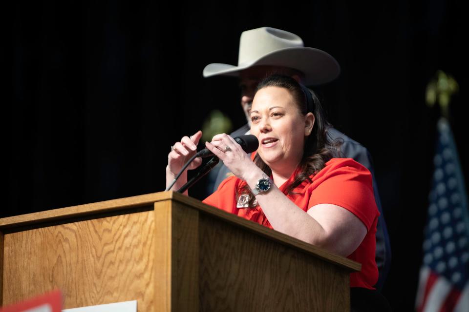 Christy Fidura delivers a speech for why she should be voted as the Colorado National Republican Committeewoman during the Colorado Republican Party's state assembly at the Southwest Motors Events Center on Saturday, April 6, 2024.