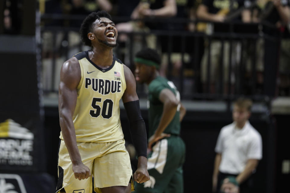 Purdue forward Trevion Williams (50) celebrates during the second half of an NCAA college basketball game against Michigan State in West Lafayette, Ind., Sunday, Jan. 12, 2020. (AP Photo/Michael Conroy)