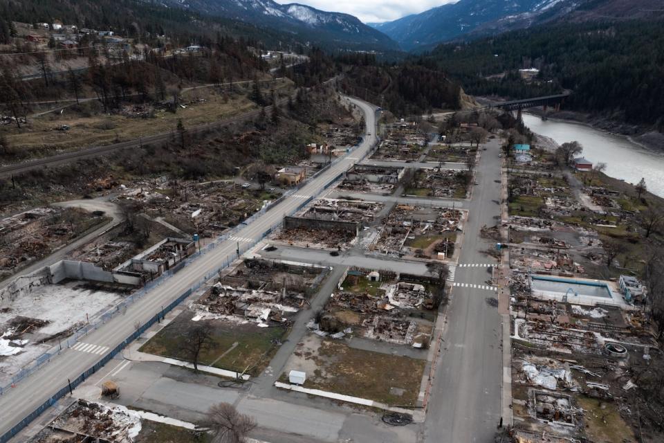 Burned homes and vehicles in Lytton, B.C., nearly eight months after a wildfire swept through the village. Taken Feb. 18, 2020.