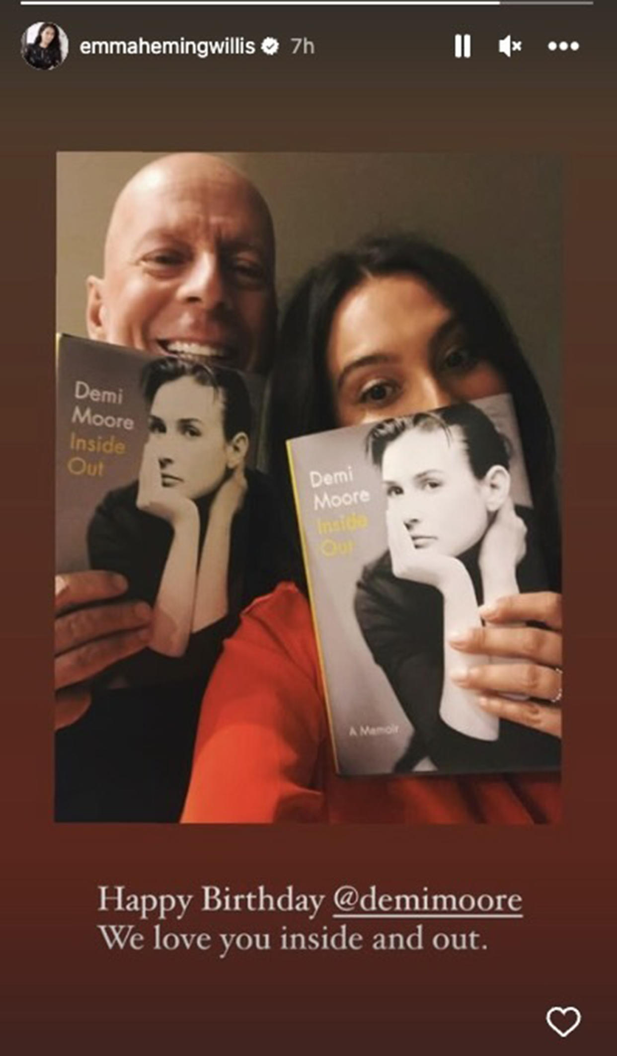 Bruce Willis and wife Emma Heming Willis sent a loving message to Demi Moore in honor of her 60th birthday. (@emmahemingwilli via Instagram )