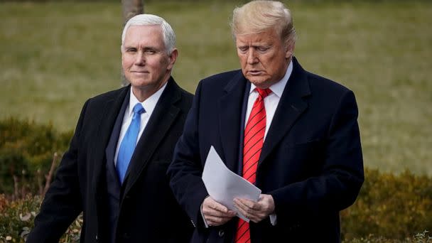 PHOTO: (L-R) Former Vice President Mike Pence and former President Donald Trump arrive for a signing ceremony for the United States-Mexico-Canada Trade Agreement on the South Lawn of the White House on Jan. 29, 2020 in Washington, DC. (Drew Angerer/Getty Images, FILE)