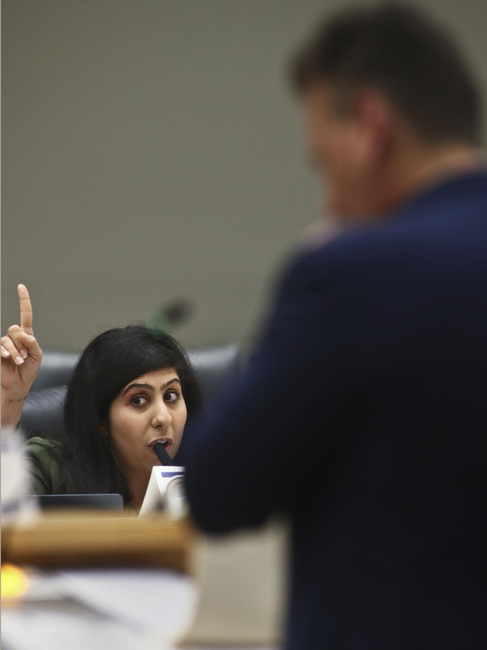 Rep. Anna V. Eskamani, D-Orlando questions Rep. Fred Hawkins, R-St. Cloud, about his House Bill 9B – Reedy Creek Improvement District, Orange and Osceola Counties in the State Affairs Committee meeting on Wednesday, Feb. 8, 2023, at the Capitol in Tallahassee, Fla. (AP Photo/Phil Sears)