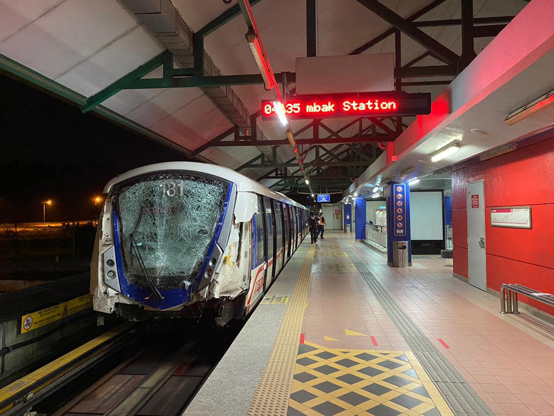 A damaged LRT coach is pictured at the Gombak tail track in Kuala Lumpur May 27, 2021. — Picture via Facebook