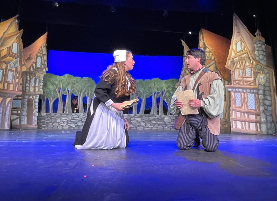 Johanna Stipetic as Portia and Drew Frayre as Nigel Bottom share a moment in Falmouth Theatre Guild's "Something Rotten!"