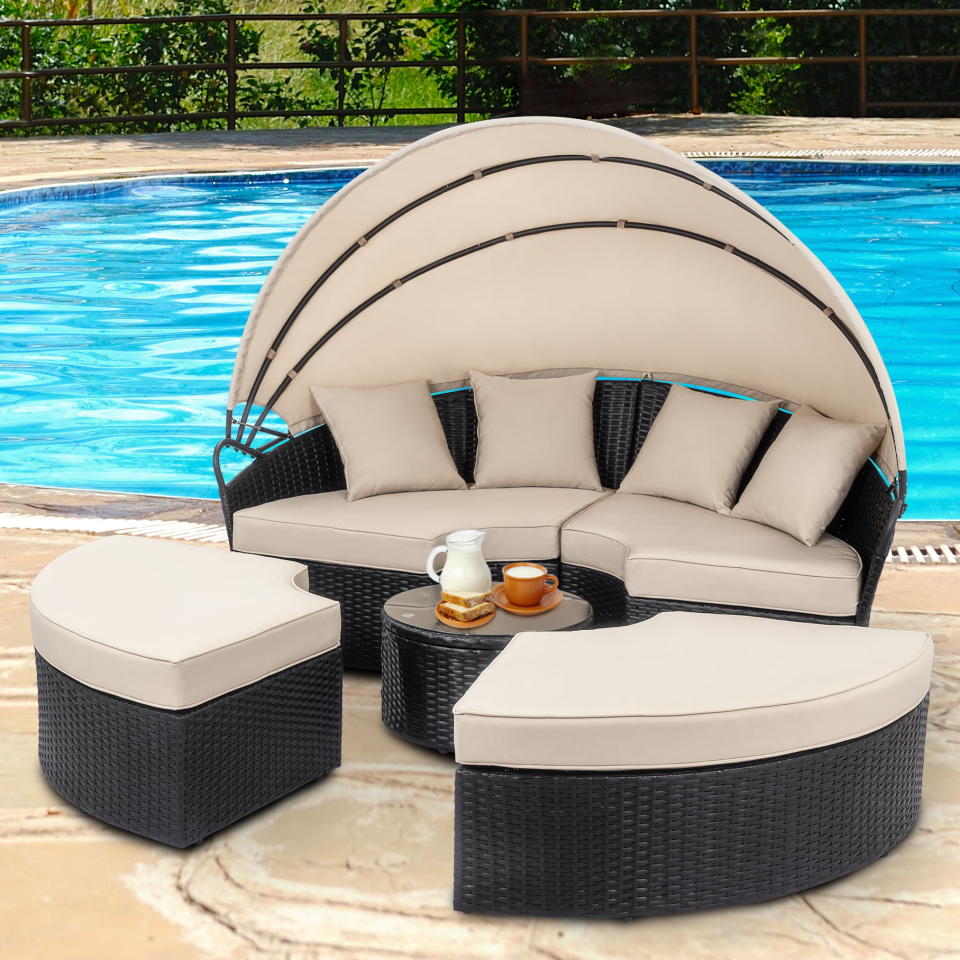 <p><a href="https://go.redirectingat.com?id=74968X1596630&url=https%3A%2F%2Fwww.walmart.com%2Fip%2FWalsunny-Patio-Furniture-Outdoor-Round-Daybed-with-Retractable-Canopy-Wicker-Rattan-Seating-Separates-Cushioned-Seats-Lawn-Backyard-Poolside-Garden%2F579080129&sref=https%3A%2F%2Fwww.goodhousekeeping.com%2Fhome-products%2Fg43829115%2Fbest-patio-outdoor-furniture-walmart%2F" rel="nofollow noopener" target="_blank" data-ylk="slk:Shop Now;elm:context_link;itc:0;sec:content-canvas" class="link ">Shop Now</a></p><p>Round Daybed with Retractable Canopy</p><p>walmart.com</p><p>$449.99</p>